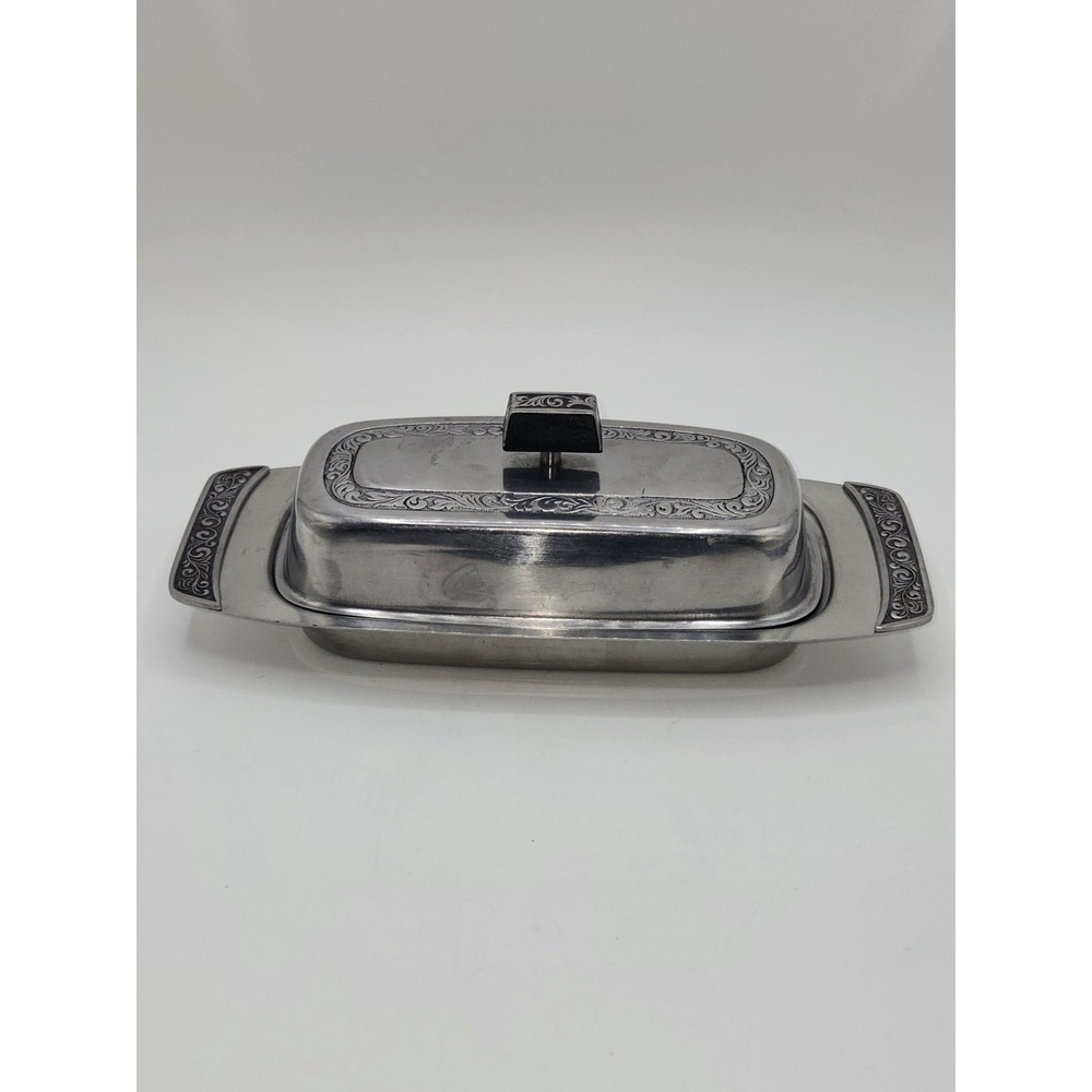 Stanley Roberts Stainless Steel Butter Dish Scroll Pattern Covered Butter Server